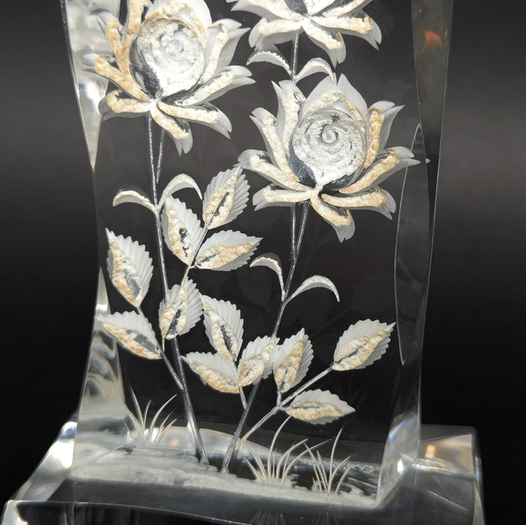 Vintage Reverse Carved Rose & Butterfly Design Lucite / Acrylic Paperweight - Picture 9 of 11